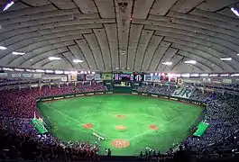 vast expanse with no columns, gray roof with sections, bright green playing field