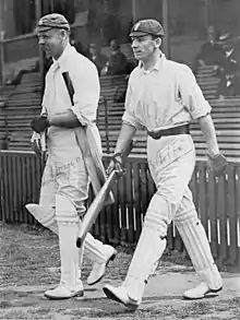 Two cricketers coming out of a pavilion, ready to bat