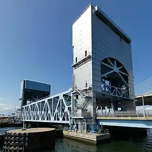 Angled view of a vertical lift bridge