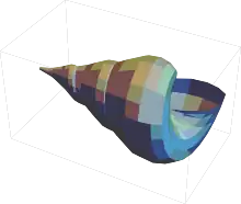 graphics complex of a seashell with toon shading modeled in Mathematica 13.1