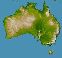 The topography of Australia with The Great Escarpment to the east of the Great Dividing Range that is coloured in white on the east coast