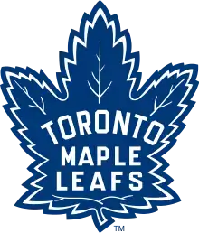 Old logo for the Maple Leaf, featuring a blue maple leaf stylized with leaf veins on its edges, with white lettering Toronto Maple Leaf placed within the Maple Leaf.