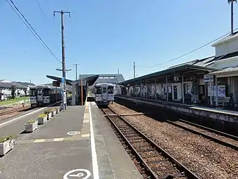 A view of the station platforms. A siding can be seen to the extreme left.