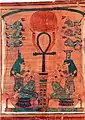 Book of the Dead detail, goddesses on gold, with djed pillar, ankh, Ra, and baboons