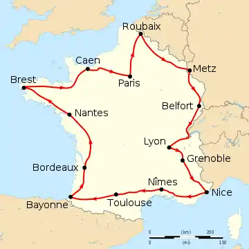 Map of France with the route of the 1908 Tour de France