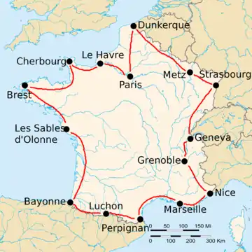 Map of France with the route of the 1919 Tour de France