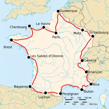 Map of France with the route of the 1923 Tour de France