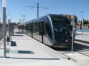 Blue-and-silver tram