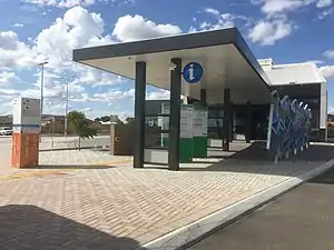 Entrance building with information signs outside