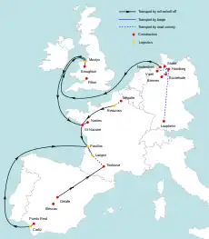 Diagram showing flow of aircraft part in western Europe. Land is white, sea is pale blue