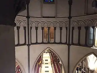 View of (and from) the circular triforium in the round church of the Temple Church in London. Built by the Knights Templar and consecrated in 1185.