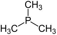 Stereo, skeletal formula of trimethylphosphine with the lone pair of electrons shown, and all explicit hydrogens added