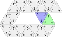 The completion of the bridge with the 1-2-5 tile scored 1+2+5+40 = 48 points. The bridge was then augmented with the 1-1-5 tile, which scored 1+1+5+40 = 47 points, as that player was required to match two adjacent sides.