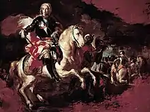 Painting shows an 18th-century man on a white horse wearing old fashioned plate armor