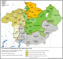 The Grey League, shown in shades of brown within the Three Leagues. The League of the Ten Jurisdictions is shown in orange, the League of God's House in green and subject territories, subsequently lost, in grey.