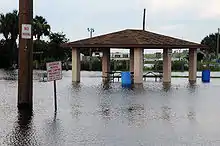 A park, with the river rising on a picnic pavilion and telephone pole. No ground is visible, only water.