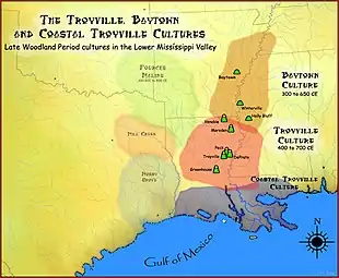 Image 43Map showing the geographic extent of the Baytown, Coastal Troyville and Troyville cultures (from History of Louisiana)