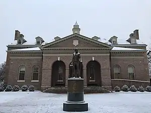 Tucker Hall and Monroe statue in the snow