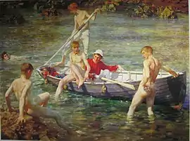 A painting of boys bathing by a shoreline. Some of the boys are in the water, some are in a small boat, and one is on a rock.