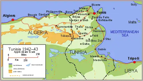 Map of Tunisia in 1942 and 1943