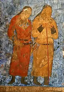 Turkish officers during an audience with king Varkhuman of Samarkand. 648-651 CE, Afrasiyab murals, Samarkand.