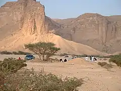 People at the base of the escarpment