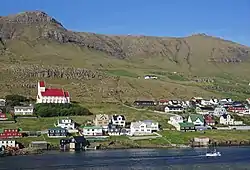 Tvøroyri seen from MS Smyril, with the church of Tvøroyri at left.