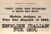 Hansard's 1825 gallery of ultra-bold 'monstrosities!!!' The typefaces are blackletter, slab serif and the 'Italian' type at the bottom. ("English" in the bottom two samples refers to the font size.)