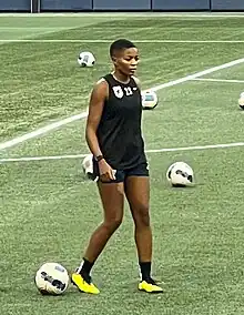 King warms up before OL Reign's 2022 NWSL Shield winning match on October 2, 2022, at Lumen Field in Seattle.