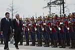 Defense Secretary Chuck Hagel and Defense Minister Dashdemberal Bat-Erdene review the State Honor guard at the defense ministry headquarters.