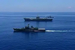 USS Blue Ridge (LCC-19) and Sri Lankan Navy SLNS Sayura and SLNS Samudura ships operate together