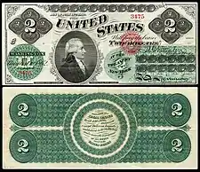 First $2 bill issued in 1862 as a Legal Tender Note.