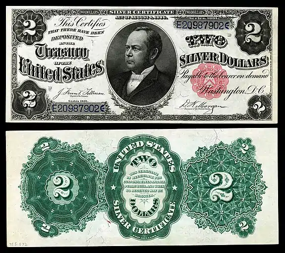 The second two-dollar denomination in the silver certificate series printed in 1891. This note features United States Secretary of the Treasury William Windom.