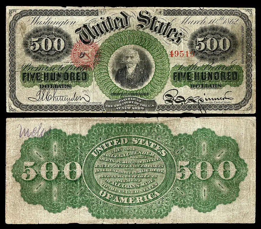 $500 Legal Tender note, Series 1862–63, Fr.183c, depicting Albert Gallatin.