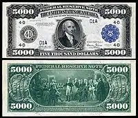 $5,000 Federal Reserve Note, Series 1918, Fr.1134d, depicting James Madison.