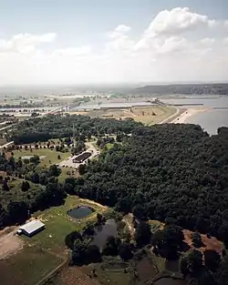 Aerial view of Robert S. Kerr Lock and Dam, impounding Robert S. Kerr Reservoir on the Arkansas River