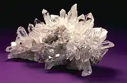 A cluster of clear, colorless quartz crystals.