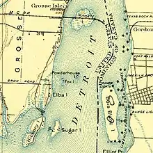 An old hand-drawn map of several islands in a river