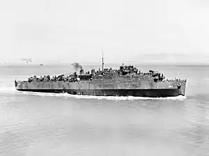 USS Belle Grove (LSD-2) undergoing sea trials in San Francisco Bay, 16 August 1943.