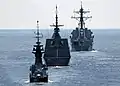 RSS Victory, RSS Intrepid and USS Chafee maneuvers in formation in preparation for a surface gunnery exercise during Cooperation Afloat Readiness and Training (CARAT) 2009.