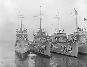 Circa 1924-1930 on Coast Guard service. (L-R) USCG Jouett (CG-13) ex. (DD-41), USCG Paulding (CG-17) ex. (DD-22) and USCG Beale (CG-9) ex. (DD-40).