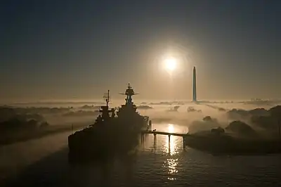 USS Texas and the Monument seen at sunrise in late 2007.