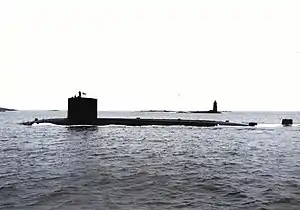 USS Trepang (SSN-674) entering Portsmouth Naval Shipyard, Kittery, Maine.