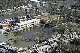 Storm intensification. Bangladesh after Cyclone Sidr (2007) is an example of catastrophic flooding from increased rainfall.