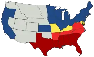 Map of U.S. showing two kinds of Union states, two phases of secession and territories