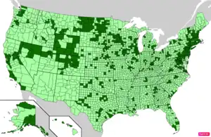 Counties in the United States by median family household income according to the U.S. Census Bureau American Community Survey 2013–2017 5-Year Estimates. Counties with median family household incomes higher than the United States as a whole are in full green.