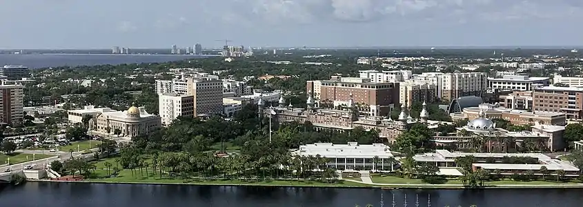 Moorish minarets with Tampa's high-rise office buildings in the background