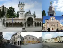 Top: San Giovanni Clock Tower and Liberta Square; Angel monument at Udine Santa Maria Church; and Udine Cathedral (left to lower right); bottom: Via Mercatovecchio [it]; Loggia del Lionello; and Matteotti Square [it] (left to right)