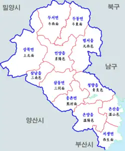 Map of Ulju County. Seosaeng Myeon is located in the southeastern corner.