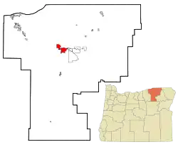 Location of Pendleton in Umatilla County, Oregon (left) and of Umatilla County in Oregon (right)